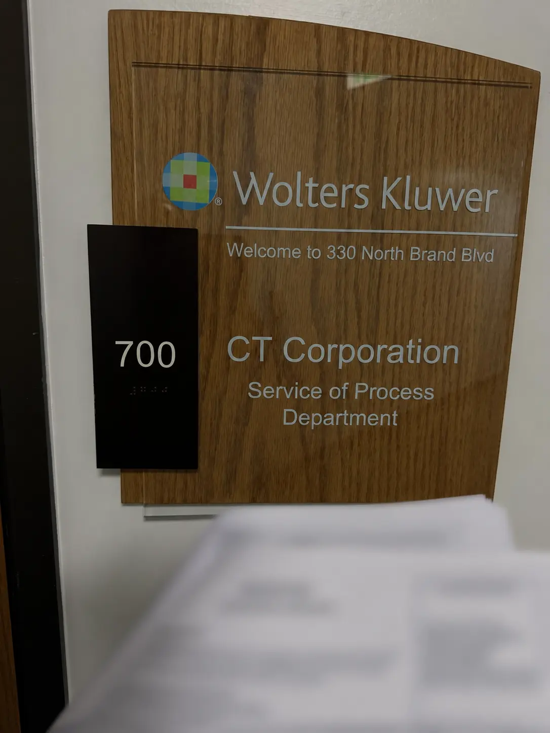 CT Corporation Service of Process Department at 330 North Brand Boulevard, Suite 700, Glendale